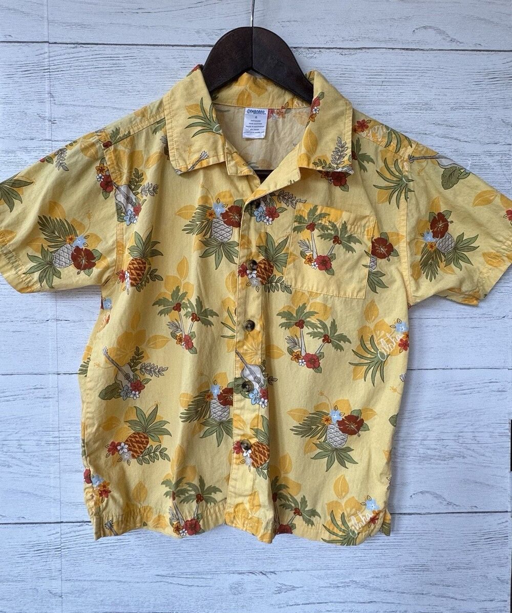 Vintage Gymboree Boys Surf Island Pineapple Tropical Yellow Hawaiian Shirt Sz 6 - Picture 2 of 8